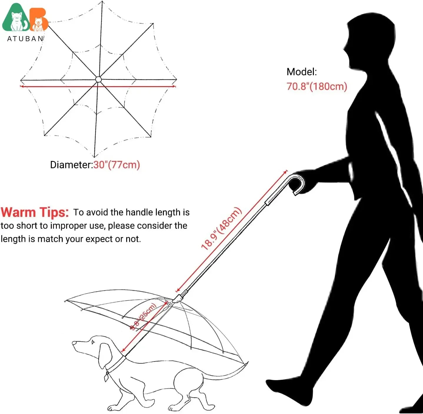 ATUBAN Dog Umbrella with Leash for Small Pets, Umbrella for Dogs Fits 20” Back Length Pets,J-Shape Handle,Clear Umbrella Surface