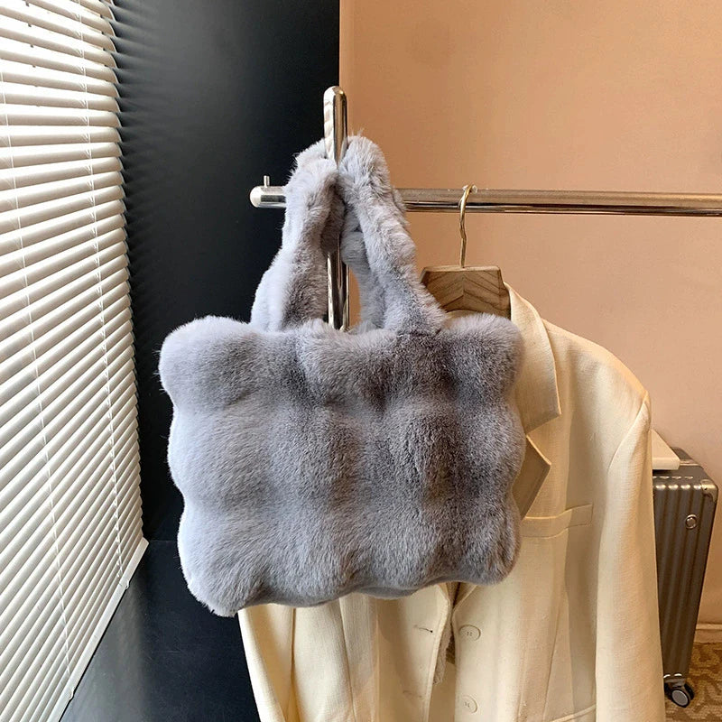 Women's Fluffy Plush Shoulder Bag Autumn Winter Top-Handle Solid Color Tote Versatile Commuter Handbag for Girls