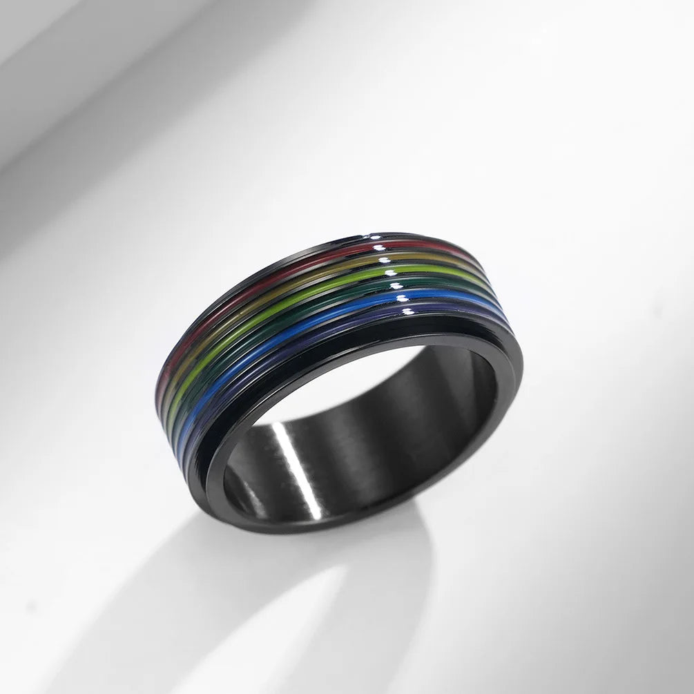 Rainbow Color Anxiety Rings For Women Men Stainless Steel Rotate Freely Fidget Spinning LGBT Pride Ring Accessories Jewelry