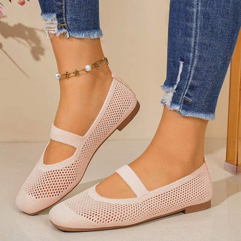 Women Flats Shoes Slip on Foldable Loafers for Women Square Toe Single Shoes Hollow Out Fashion Mom Casual Shoes for Ladies