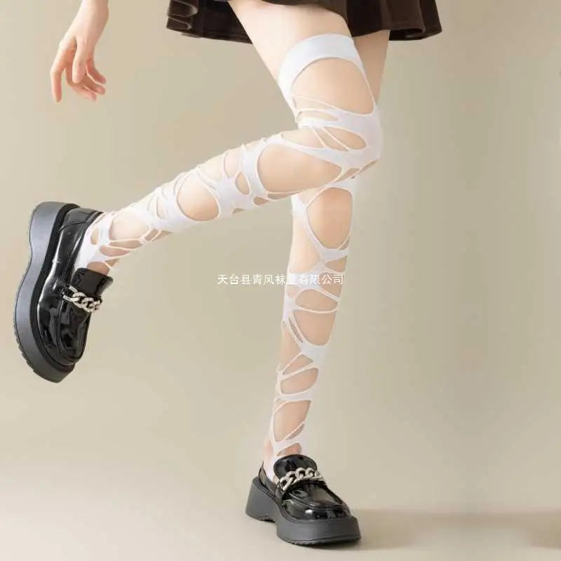 Long Tube Trend Irregular Goth Punk Le Meat Babes Subculture Black Ripped Stockings Leggings Mesh Socks