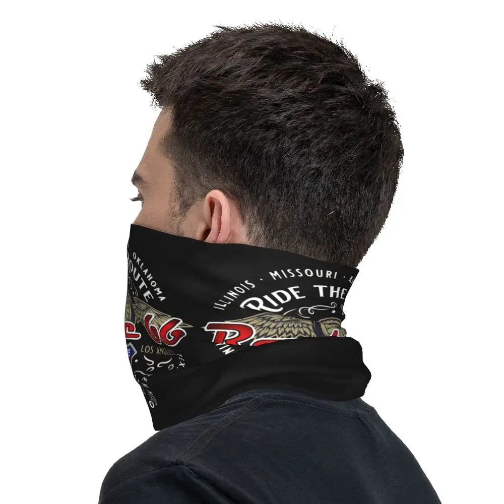 Custom Travel Motorcycle Ride Route 66 Bandana Winter Neck Warmer Windproof Wrap Face Scarf for Hiking Highways Gaiter Headband