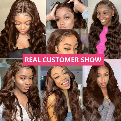 OKVOKV Chocolate Brown Color Body Wave 13x4 Transparent Lace Front Wigs 250% Density 30 32 Inch Human Hair Pre Plucked With Baby Hair For Women Body Wave HD Lace Front Wigs