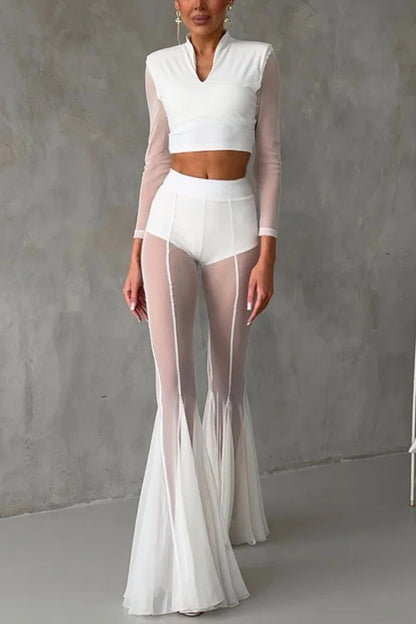 Sexy Sheer Flare Pants For Women Fashion Solid High Waist Long Pants Lady Casual Holiday Streetwear Women's Clothing New 2025