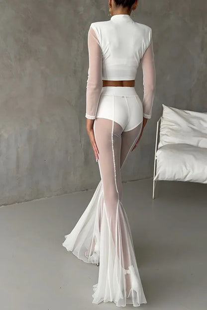 Sexy Sheer Flare Pants For Women Fashion Solid High Waist Long Pants Lady Casual Holiday Streetwear Women's Clothing New 2025