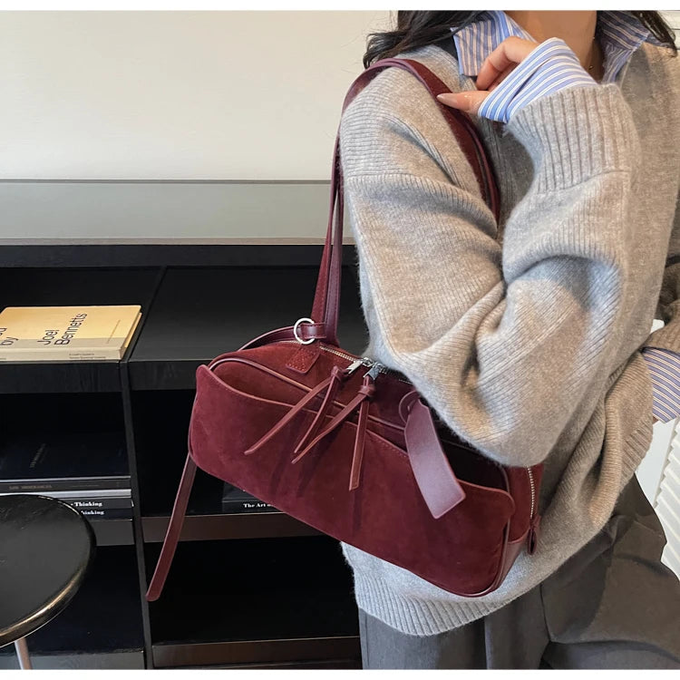 Retro Red Suede Wedding Shoulder Bag Luxury Designer Women Versatile Underarm Bags Elegant Female Large Capacity Handbags