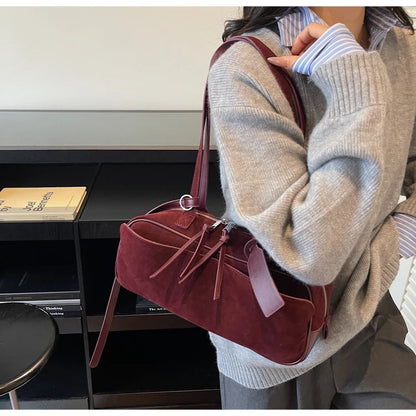 Retro Red Suede Wedding Shoulder Bag Luxury Designer Women Versatile Underarm Bags Elegant Female Large Capacity Handbags