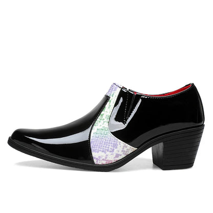 Black Pu Leather Business Dress High Heel Men's Shoes Pointed Toe Slip-on Elegant Party Wedding Shoes Thick Bottom Plus Size