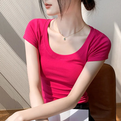Cotton short sleeved women's T-shirt for summer, slim fit and slimming, versatile waist design, front shoulder, U-neck