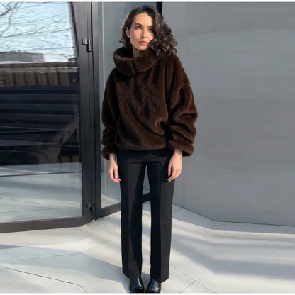 Luxury Faux Fur Hooded Pullovers Women's Loose Full Sleeve Stand Collar Pocket Coats 2025 New Autumn Winter Ladies Solid Outwear
