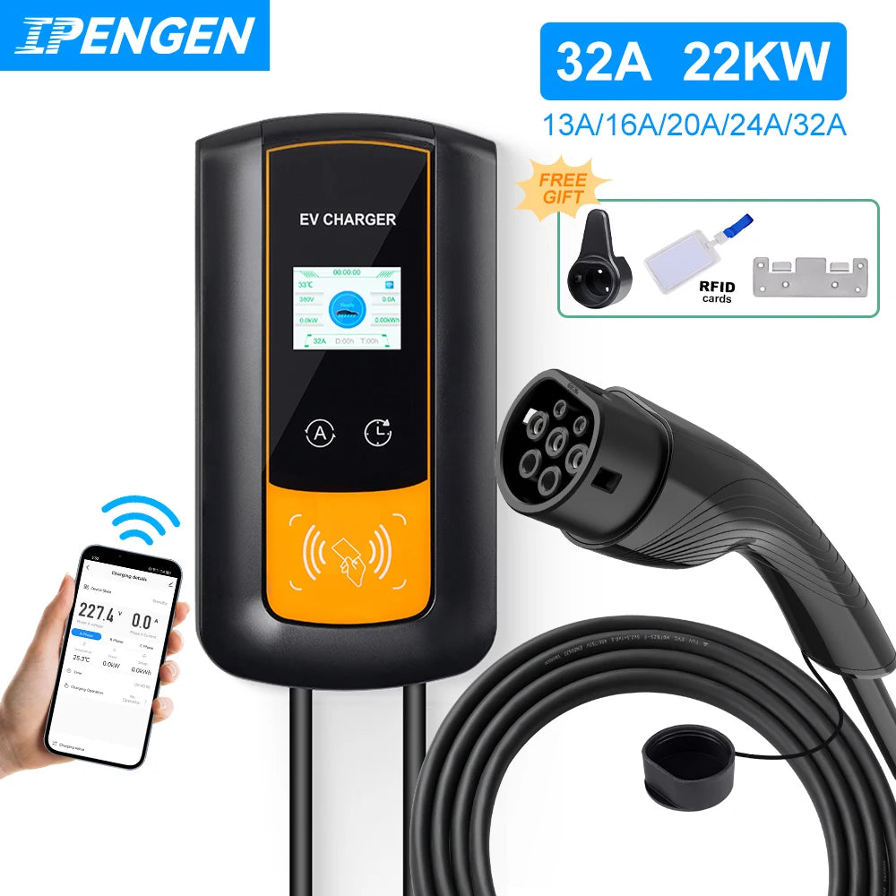 IPENGEN 22KW 32A 3Phase EV Charging Station Type2 IEC62196-2 Electric Car Charger 5m Cable EVSE Wallbox WIFI APP Control