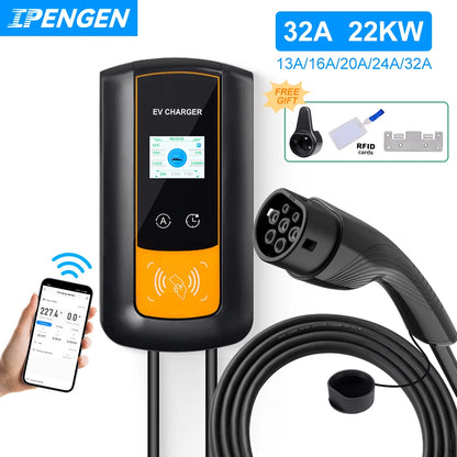 IPENGEN 22KW 32A 3Phase EV Charging Station Type2 IEC62196-2 Electric Car Charger 5m Cable EVSE Wallbox WIFI APP Control