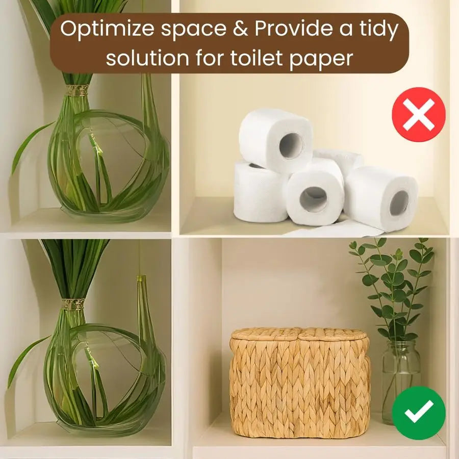 Paper Basket with Lid, Woven Natural Water Hyacinth Toilet Paper Storage, Papers Container for 4 Mega Rolls, Storage Holder with