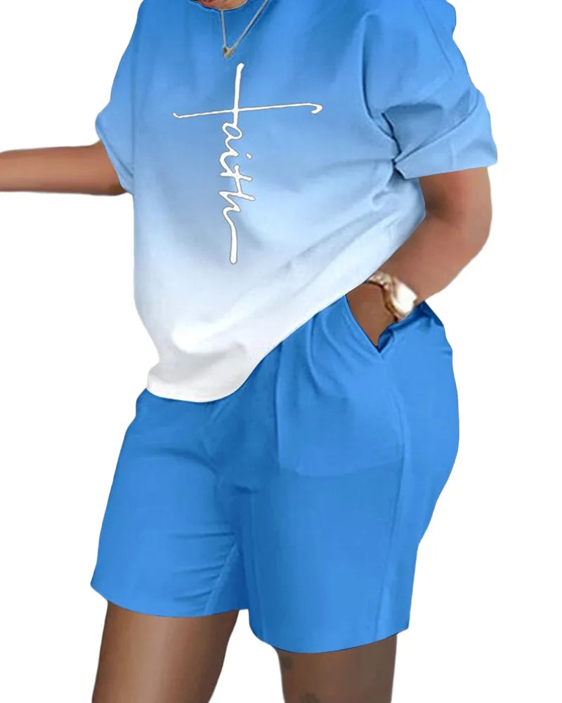 Ladies Casual Summer Two Piece Sets Printed Shorts Sets Women Round Neck Short Sleeve T Shirts Pullover High Waist Trousers Suit