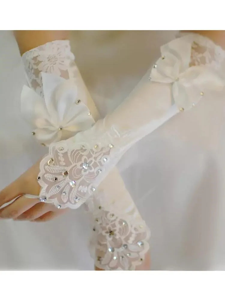 Ivory Satin Bridal Gloves Beads Lace Cheap Fingerless Long Ladies Dress Glove Bow Fast Shipping Wedding Accessories bride gloves