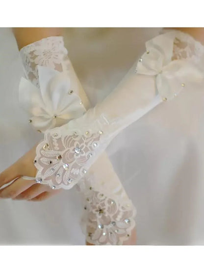 Ivory Satin Bridal Gloves Beads Lace Cheap Fingerless Long Ladies Dress Glove Bow Fast Shipping Wedding Accessories bride gloves