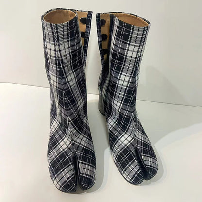 2025 Luxury Brand Designer Split Toe Ankle Boots New Fashion Chunky Round High Heels Women Boots Winter Plaid Boots
