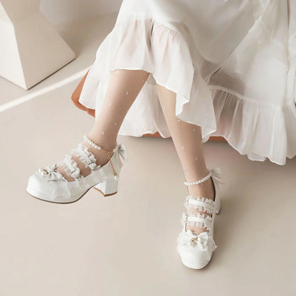 Cross Strap Women High Heels Mary Jane Pumps Party Wedding Cosplay White Pink Black Strawberry Bow Princess Cosplay Lolita Shoes
