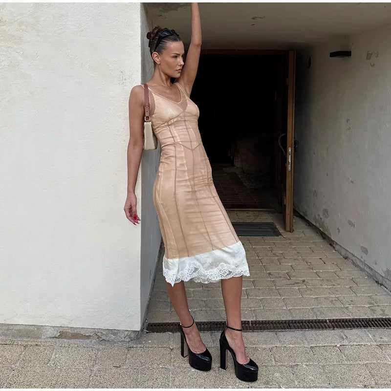 Sheer Mesh Overlay Lace Hem Slip Midi Dress Slim Spaghetti Strap 2026 Summer Elegant Women Bodycon Dress Trendy Date Lady Gown