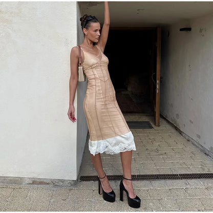 Sheer Mesh Overlay Lace Hem Slip Midi Dress Slim Spaghetti Strap 2026 Summer Elegant Women Bodycon Dress Trendy Date Lady Gown