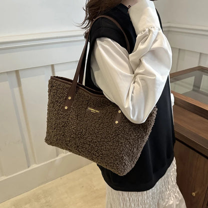 Soft Handbag Large Capacity Fall Winter Shoulder Bag Women Lamb Wool Tote Bag Zipper Closure Casual Shopping Traveling Tote