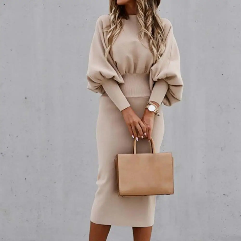 Women Autumn Dress Crew Neck Elegant Lantern Sleeve High Waist Women Bodycorn Dress Autumn Winter Office Ladies Midi Dress