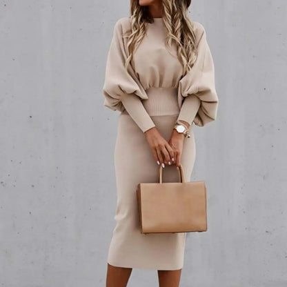 Women Autumn Dress Crew Neck Elegant Lantern Sleeve High Waist Women Bodycorn Dress Autumn Winter Office Ladies Midi Dress
