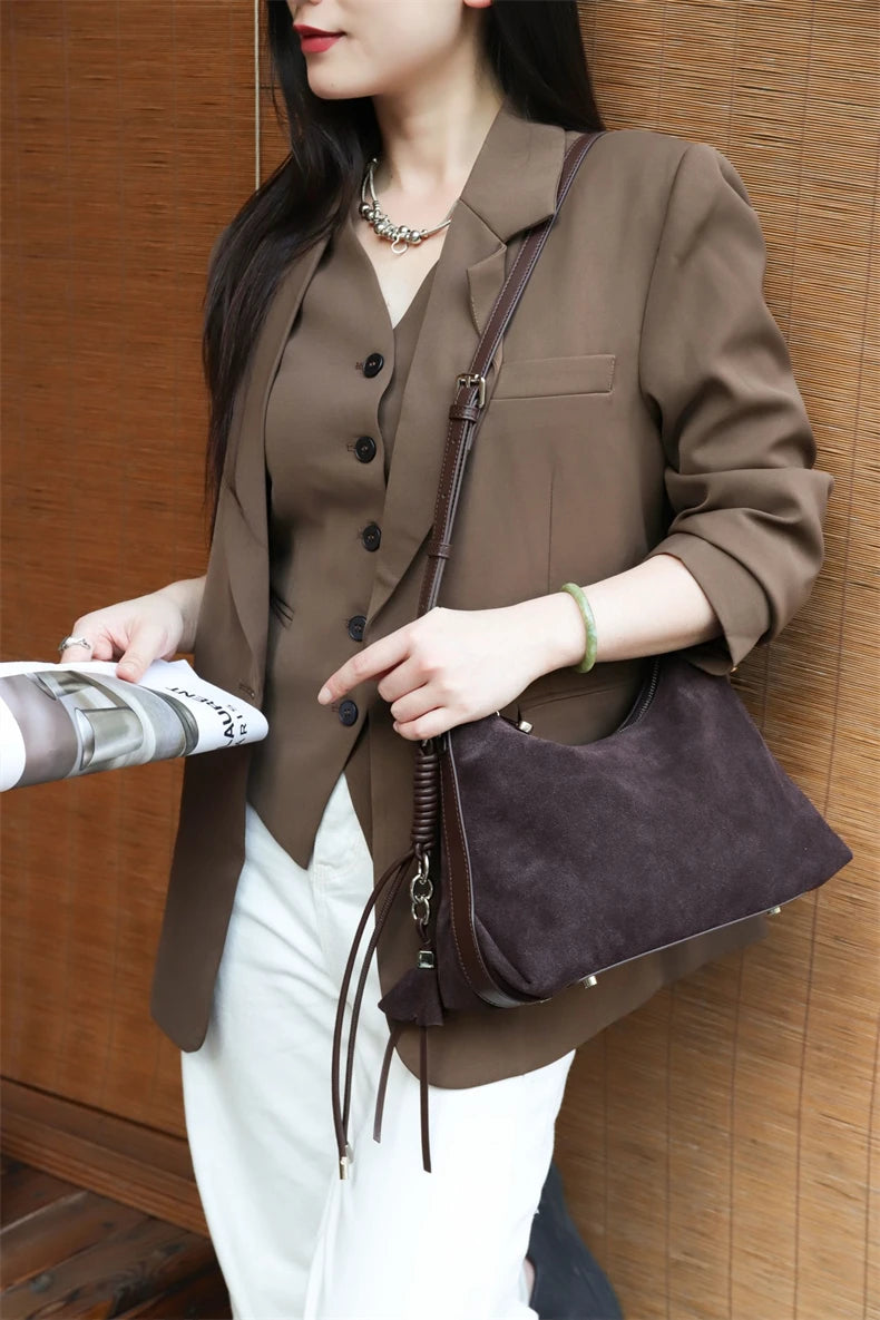 Hifashion Vintage Matte Suede Genuine Leather Underarm Shoulder Bags For Women 2025 Luxury Designer Hobo Tote Ladies Handbags