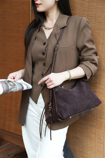 Hifashion Vintage Matte Suede Genuine Leather Underarm Shoulder Bags For Women 2025 Luxury Designer Hobo Tote Ladies Handbags