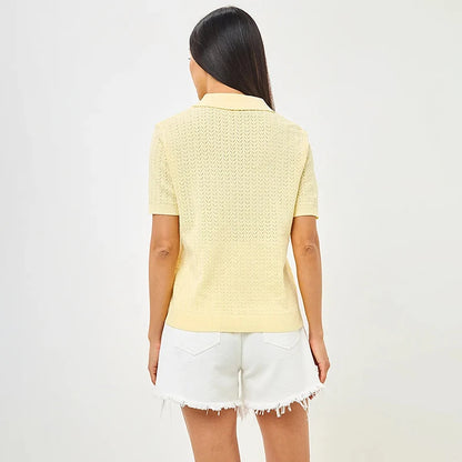 Typhaland Hollow Knitted T shirt Woman 2026 Summer New Short Sleeve Casual Loose Lapel Ins Hot Tops Lady Sweater T shirt Solid