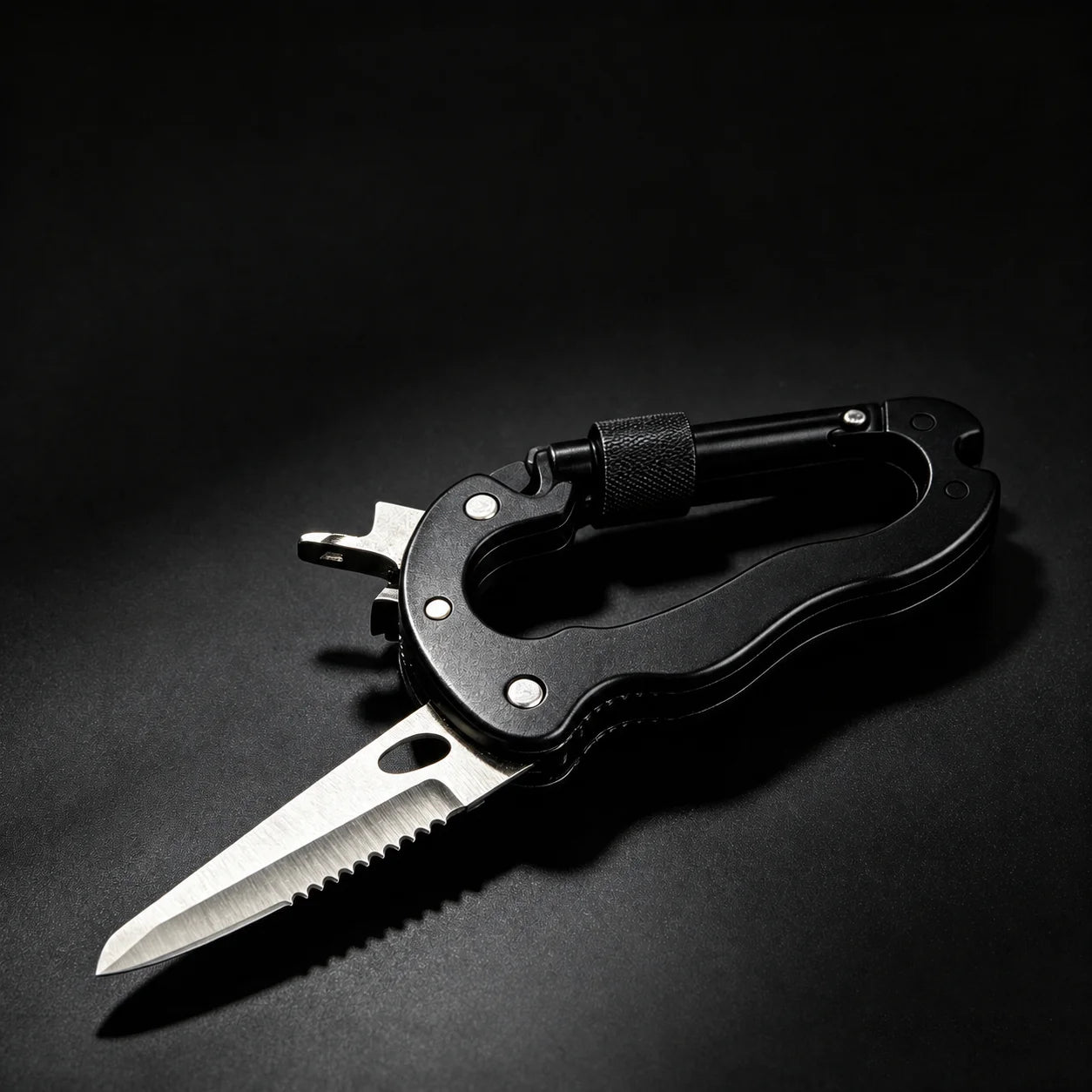 7-in-1 Multifunctional Carabiner EDC Survival Gear with Knife Bottle Opener Fire Starter Screwdriver for Camping Hiking