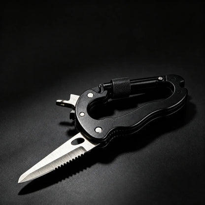 7-in-1 Multifunctional Carabiner EDC Survival Gear with Knife Bottle Opener Fire Starter Screwdriver for Camping Hiking