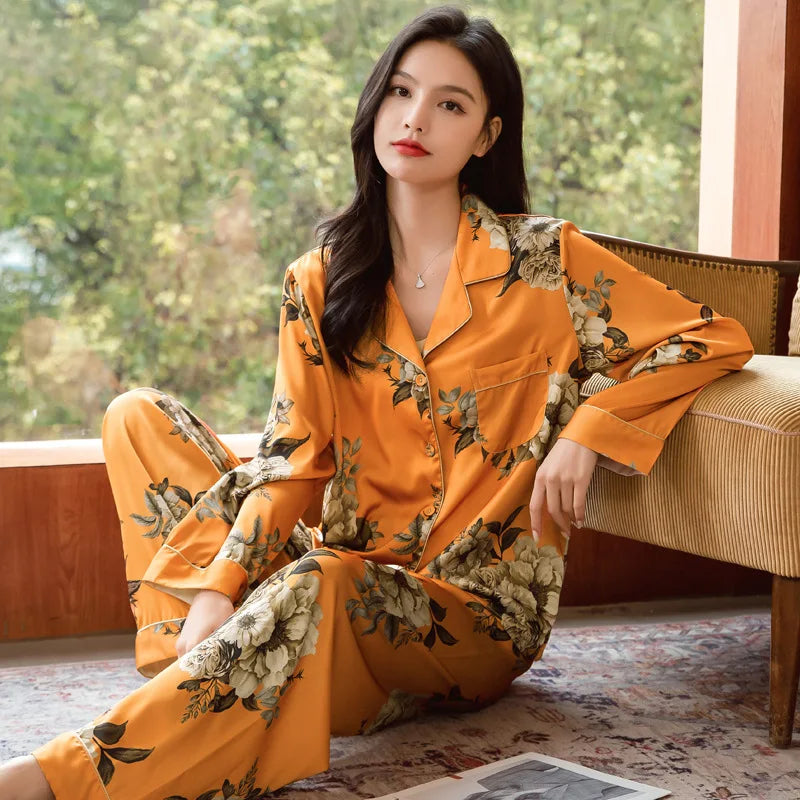 2026 New Ice Silk Thin Casual Women Pajamas Long Sleeve Set Women's Homewear