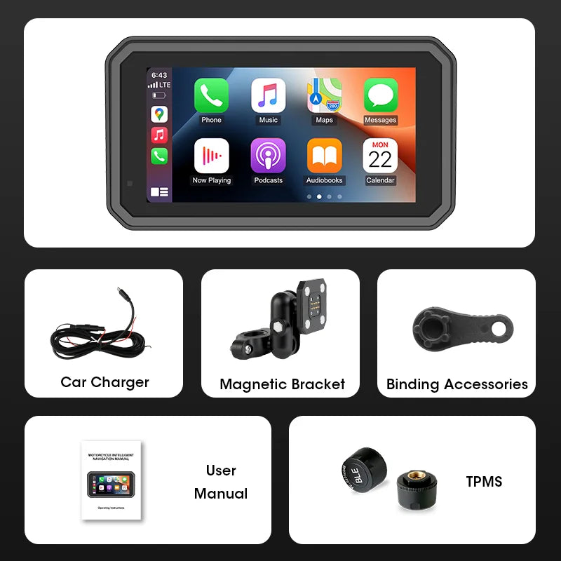 6.25 Inch Portable Quick Disassembly Motorcycle Carplay Android Auto GPS for Moto Navigation IP67 Waterproof IPS Display TPMS