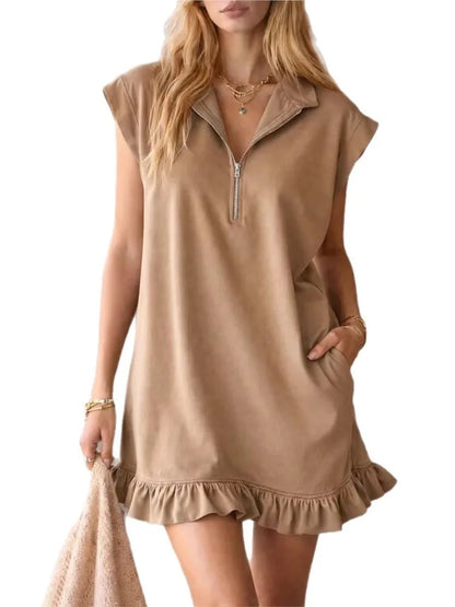 Spring Summer New Sleeveless Pocket Dress Zipper V-neck Ruffled A-line Skirt For Women Fashion Elegant Casual  Holiday Dresses