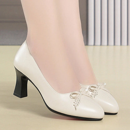 Womens Elegant Bow Decor Block Heel Pumps Smooth Faux Leather Upper Pointed Toe Design Comfort Cushioned Insole NonSlip Outsole