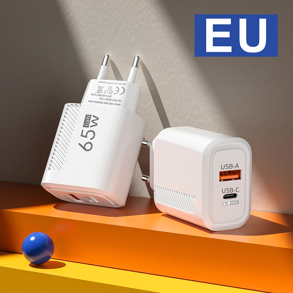 Total 65W USB GaN Charger Quick Charge Mobile Phone Adapter For iPhone Samsung Xiaomi Huawei QC3.0 USB Type C Wall Quick Charger