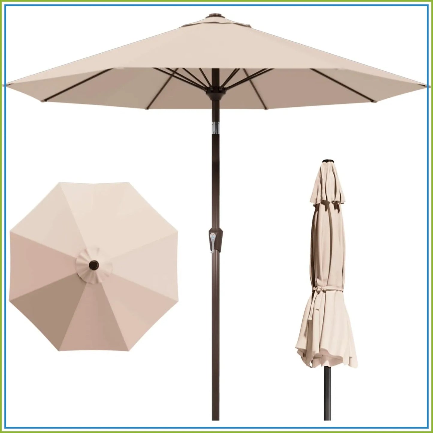 9FT Patio Umbrella with Fiberglass Ribs, Outdoor Market Umbrella with Crank and Tilt, UV Resistant Waterproof Canopy for Patio, Garden, Deck, Pool