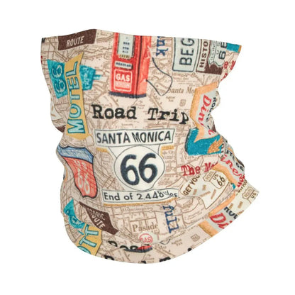 Custom Travel Motorcycle Ride Route 66 Bandana Winter Neck Warmer Windproof Wrap Face Scarf for Hiking Highways Gaiter Headband