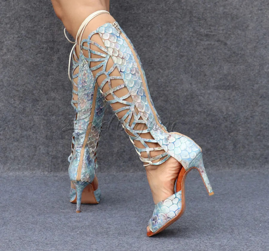 Ladingwu High-end Custom Material Fish Scale Texture Women Dance Shoes Sexy Pole Dance Boots Ladies Wedding Ballroom Shoes