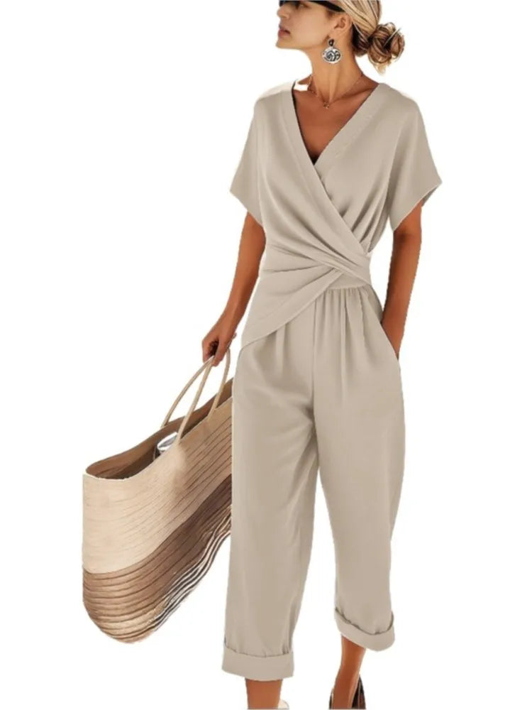 Women's 2 Piece Set Fashion V Neck Short Sleeved Shirt Irregular Pleated Chic Top Casual Trousers Female Outfit Office Suit 2026