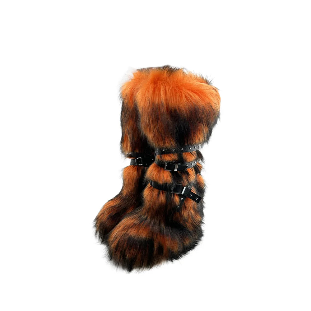 Faux Fur Knee-High Boot Round Toe Height Increasing Wild Winter Warmer Belt Buckle Slip-On Fashion Luxury Sexy Women Shoe Newest