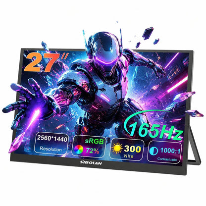 Sibolan 27 inch 2.5K Portable Monitor 165Hz 72% sRGB HDMI USB-C Plug Built-in Mount Laptop Display Extender For Windows Mac