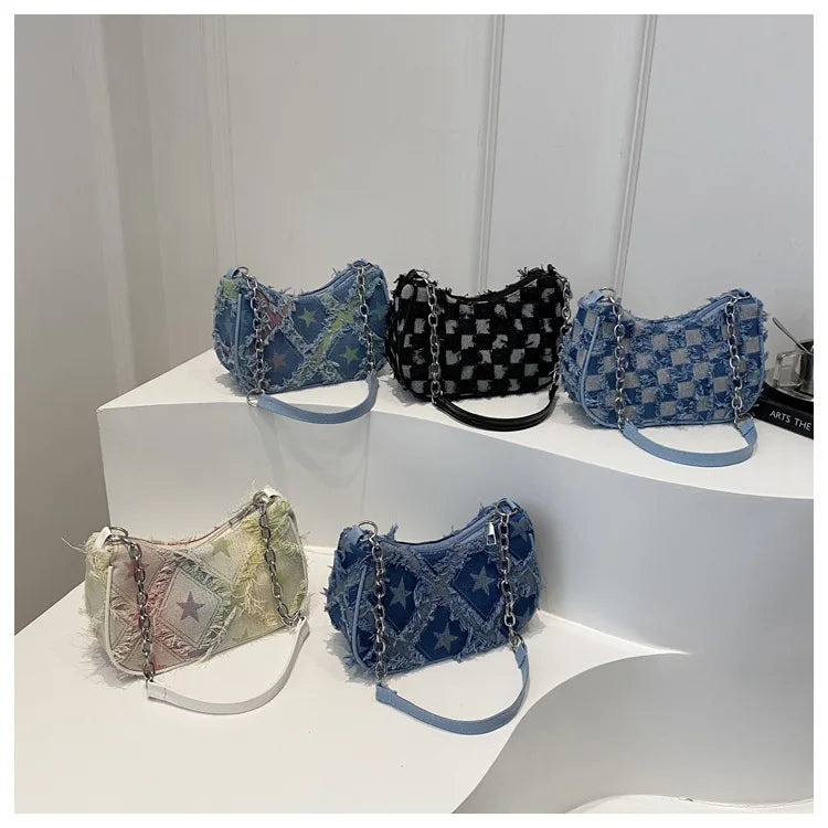 Women's Tote Bag with Star Pattern Blue Distressed Design, Golden-Tone Hardware, Stylish Handbag Shoulder Bag for Everyday Use