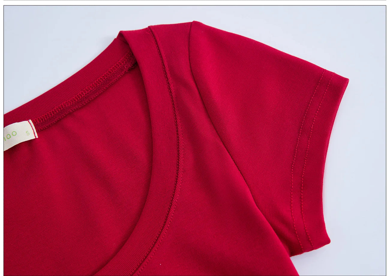 Cotton short sleeved women's T-shirt for summer, slim fit and slimming, versatile waist design, front shoulder, U-neck