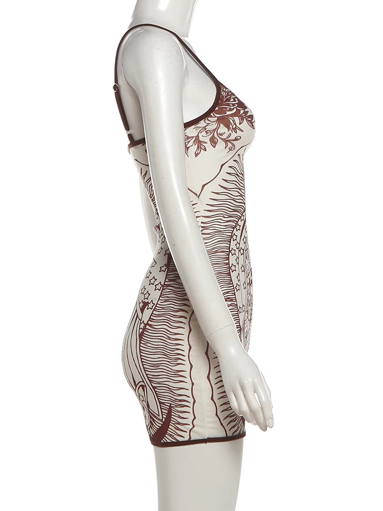 Whatiwear Chic Dress Women Elasticity Art Print Low-Neck See Through Skinny Sexy Midnight Summer New Trend Hottie Mini Bodycon