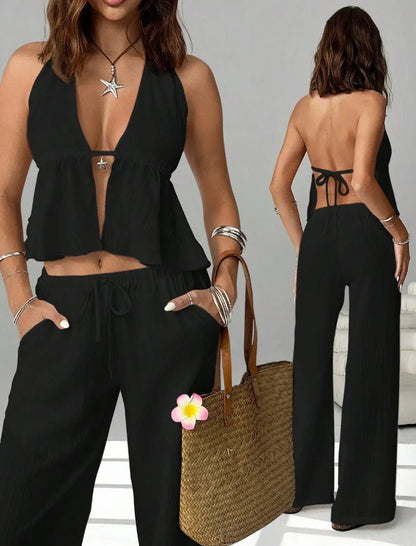 2026 Women's Summer Leisure Pants Outfits Fashion Solid Halter Tie-Up Backless Tank Tops Wide-Leg Pants 2 Pieces Set Streetwear