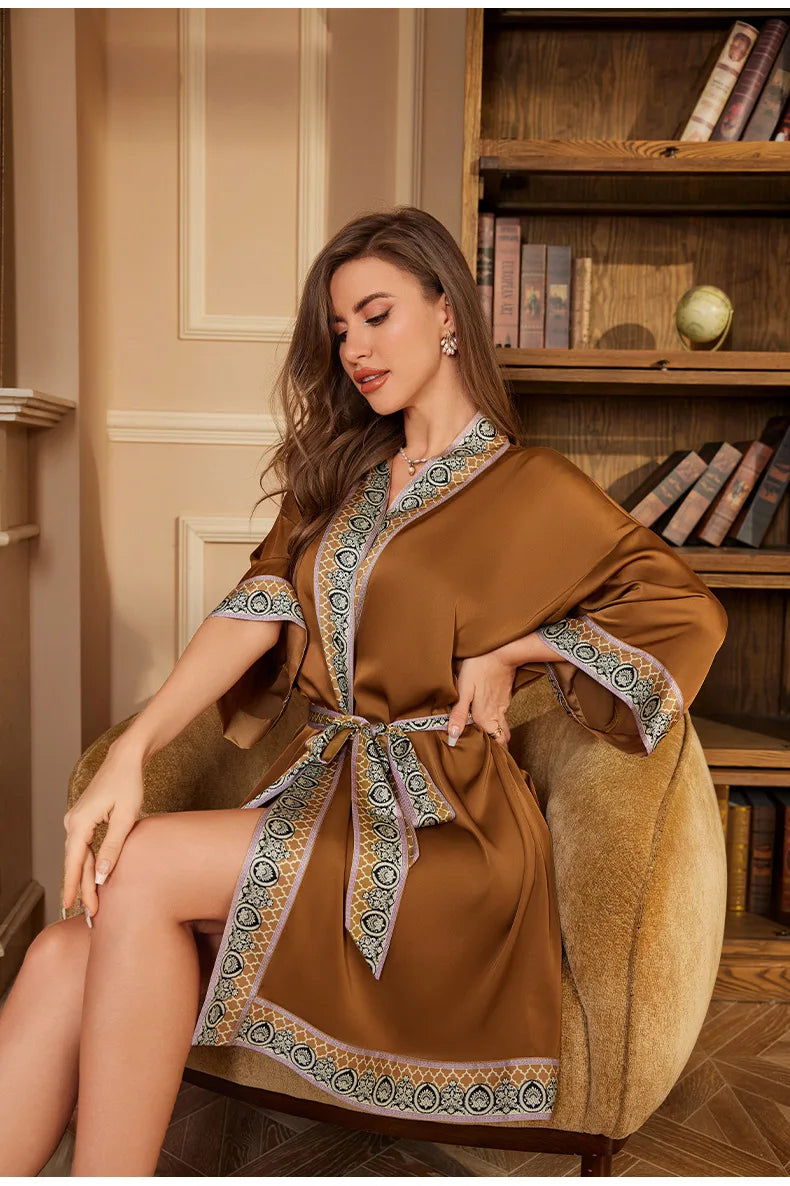 Navy Blue Print Flower Robe Nightgown Silk Satin Female Sleepwear Nightdress Spring Summer Loose Kimono Bathrobe Gown Home Wear