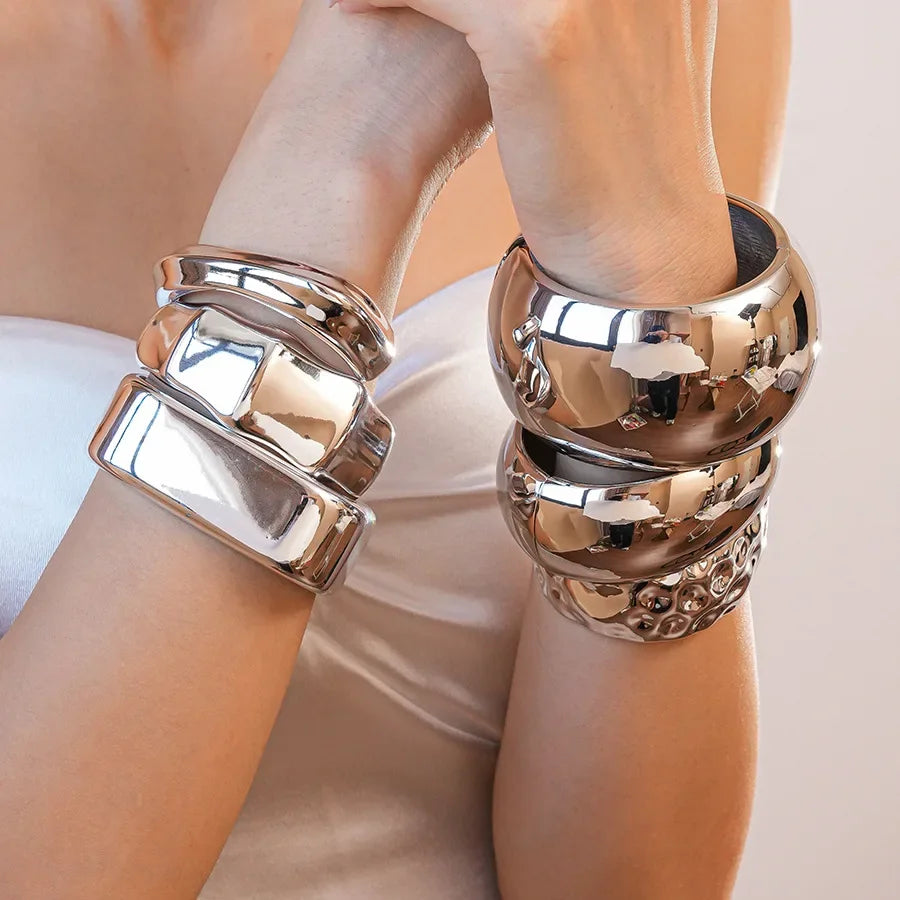 Punk Silver Color Acrylic Cuff Bracelet for Women Men Geometric Round Wide Bracelets Bangles Party Hand Accessories Gifts F