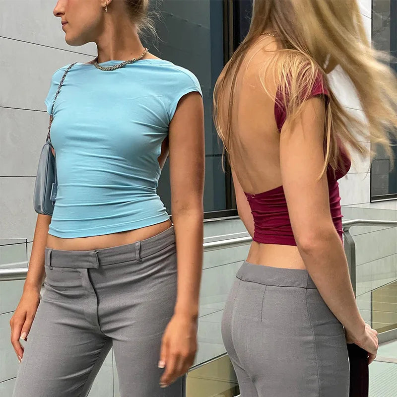 Short Sleeve Backless Tops Women Multi Ways Wear 2025 Skinny Basic Summer Slim Cropped Cut Out Sexy T Shirt Crop Top
